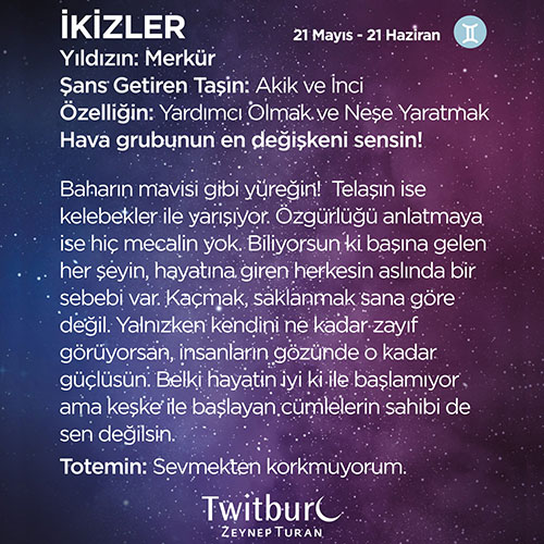 Mor ve lacivert yıldızlı arka plan üzerinde İkizler burcunun tarih aralığı, gezegeni, şanslı taşları  ve kişilik özelliklerini anlatan bilgilendirici görsel.